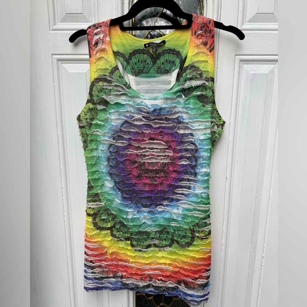 UMGEE Mandala Butterfly Wings Ruffle Multicolor Tank Womens Large